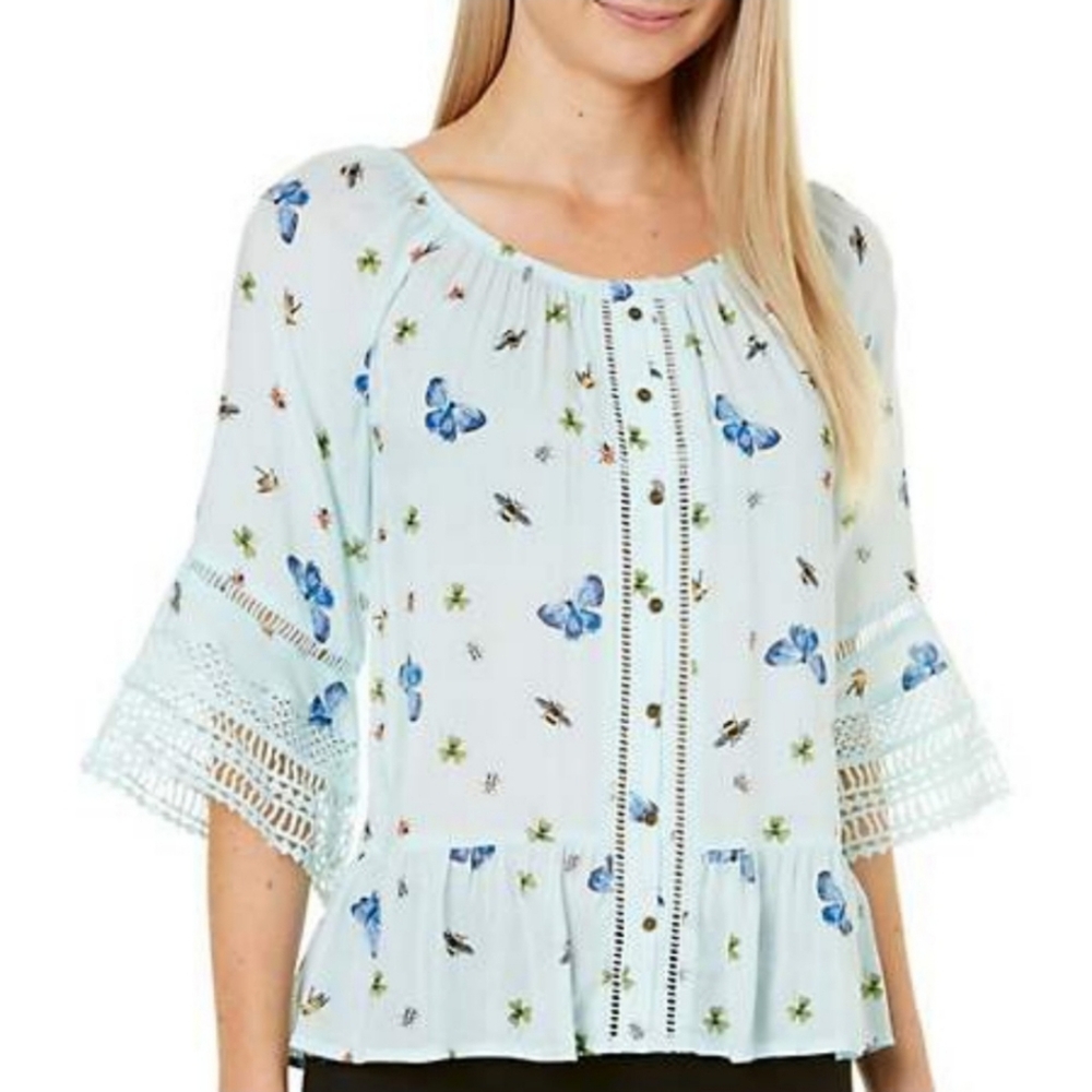 Democracy 3/4 Flounce Sleeve Peplum Top Womens Size M Butterfly Bee Lady Bug